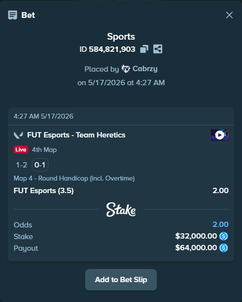 Bet slip: FUT Esports - Team Heretics, $32,000.00 stake at 2.00 odds, placed by Cabrzy