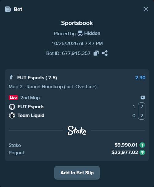Bet slip: FUT Esports - Team Liquid, $10,000.00 stake at 2.30 odds, placed by Hidden