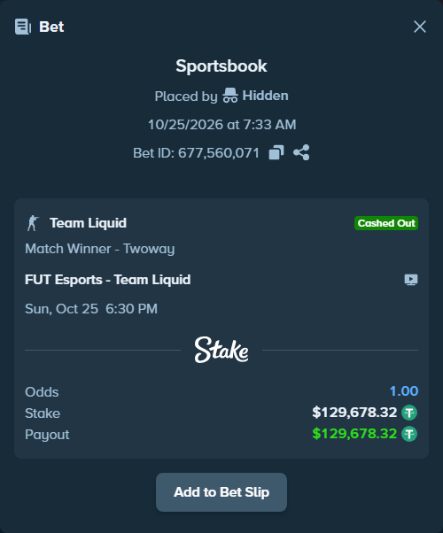 Bet slip: FUT Esports - Team Liquid, $129,808.00 stake at 2.90 odds, placed by Mnt41