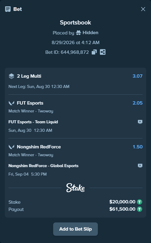 Bet slip: FUT Esports - Team Liquid, $20,000.00 stake at 2.05 odds, placed by Hidden
