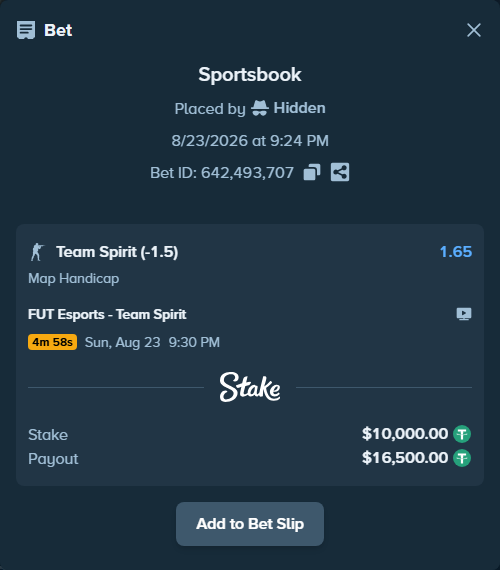 Bet slip: FUT Esports - Team Spirit, $10,000.00 stake at 1.65 odds, placed by Hidden