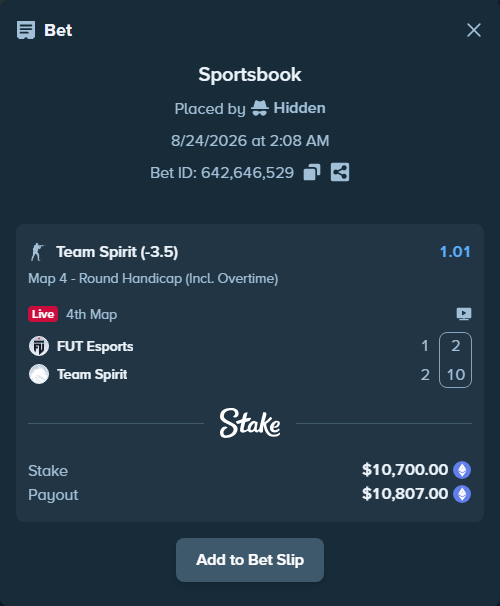 Bet slip: FUT Esports - Team Spirit, $10,712.42 stake at 1.01 odds, placed by Hidden