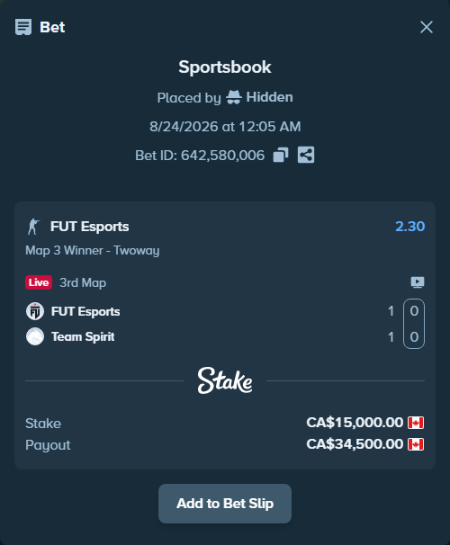 Bet slip: FUT Esports - Team Spirit, $11,100.00 stake at 2.30 odds, placed by Hidden