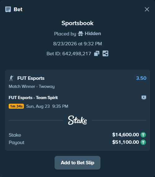 Bet slip: FUT Esports - Team Spirit, $14,600.00 stake at 3.50 odds, placed by Hidden