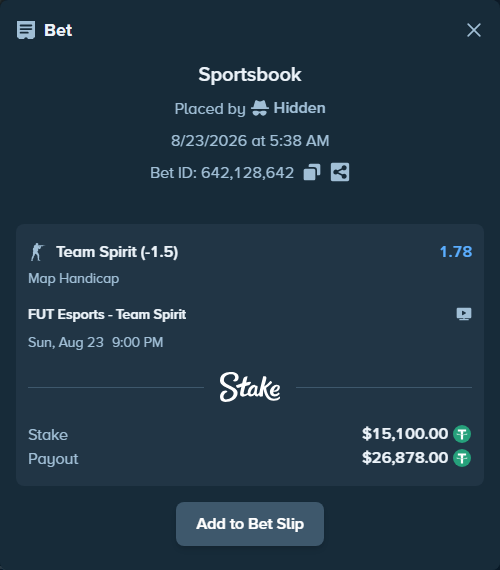 Bet slip: FUT Esports - Team Spirit, $15,100.00 stake at 1.78 odds, placed by Hidden