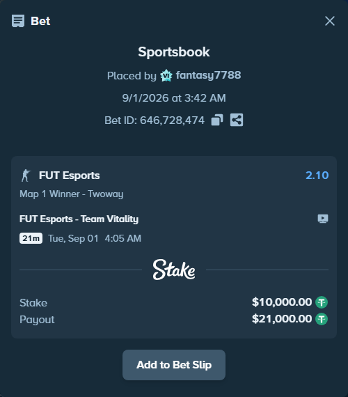 Bet slip: FUT Esports - Team Vitality, $10,000.00 stake at 2.10 odds, placed by fantasy7788