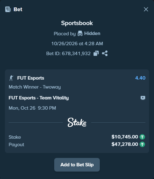 Bet slip: FUT Esports - Team Vitality, $10,755.74 stake at 4.40 odds, placed by StRoGo