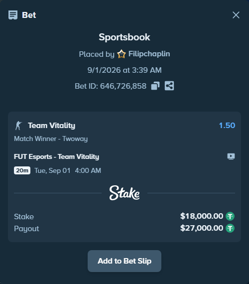 Bet slip: FUT Esports - Team Vitality, $18,000.00 stake at 1.50 odds, placed by Filipchaplin