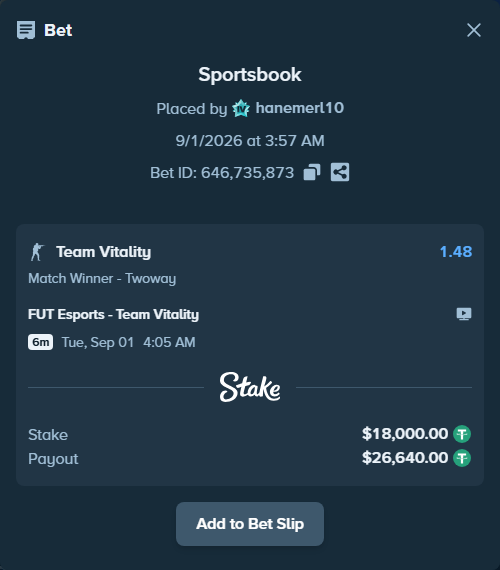 Bet slip: FUT Esports - Team Vitality, $18,000.00 stake at 1.48 odds, placed by hanemerl10