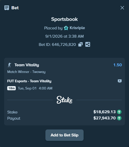 Bet slip: FUT Esports - Team Vitality, $18,629.13 stake at 1.50 odds, placed by Krisriple