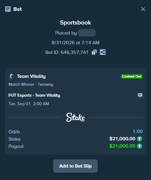 Bet slip: FUT Esports - Team Vitality, $21,000.00 stake at 1.40 odds, placed by Mnt41