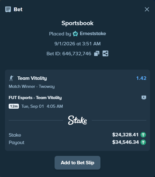 Bet slip: FUT Esports - Team Vitality, $24,328.41 stake at 1.42 odds, placed by Erneststake