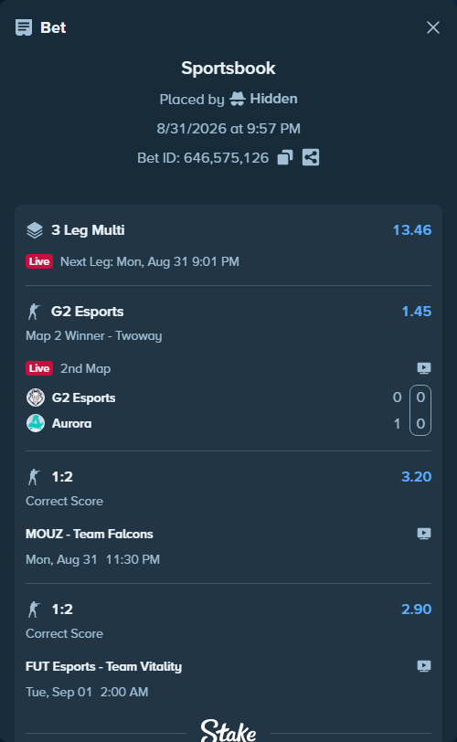 Bet slip: FUT Esports - Team Vitality, $35,000.00 stake at 2.90 odds, placed by Hidden