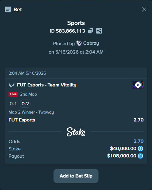 Bet slip: FUT Esports - Team Vitality, $40,000.00 stake at 2.70 odds, placed by Cabrzy