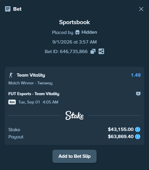 Bet slip: FUT Esports - Team Vitality, $43,155.00 stake at 1.48 odds, placed by Hidden