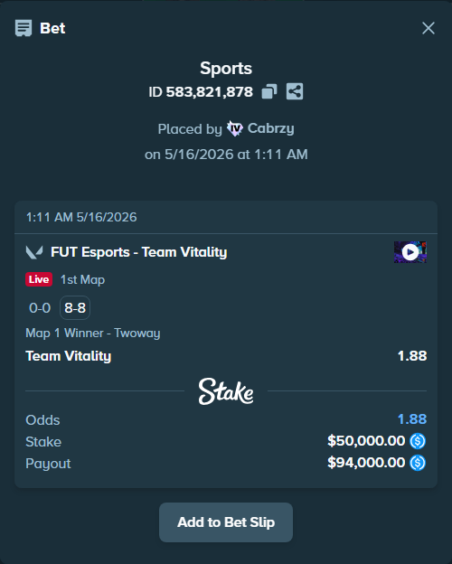 Bet slip: FUT Esports - Team Vitality, $50,000.00 stake at 1.88 odds, placed by Cabrzy