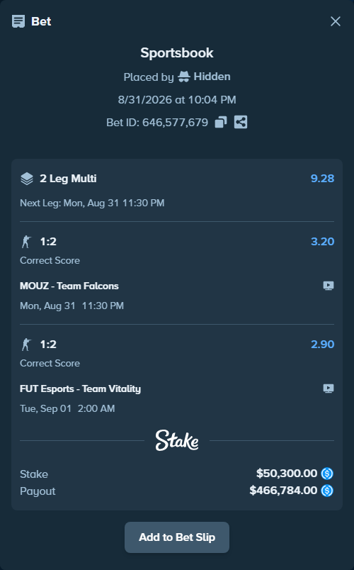 Bet slip: FUT Esports - Team Vitality, $50,300.00 stake at 2.90 odds, placed by Hidden