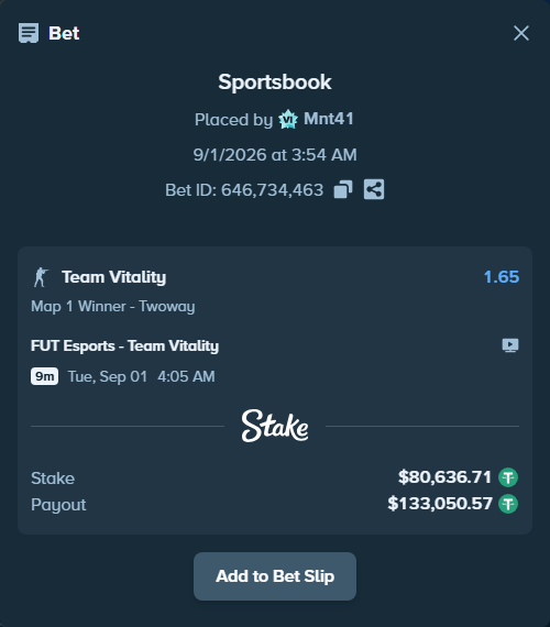 Bet slip: FUT Esports - Team Vitality, $80,636.71 stake at 1.65 odds, placed by Mnt41