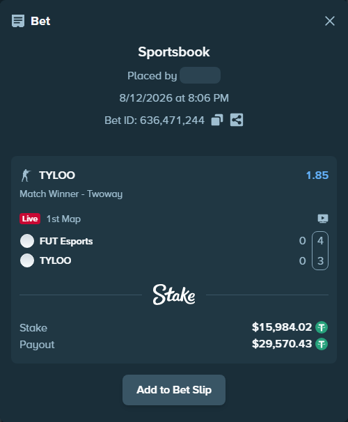 Bet slip: FUT Esports - TYLOO, $16,000.00 stake at 1.85 odds, placed by antoniku