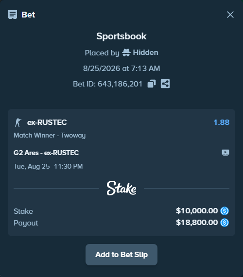 Bet slip: G2 Ares - ex-RUSTEC, $10,000.00 stake at 1.88 odds, placed by Hidden