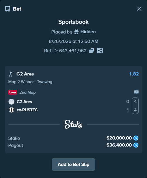 Bet slip: G2 Ares - ex-RUSTEC, $20,000.00 stake at 1.82 odds, placed by Hidden