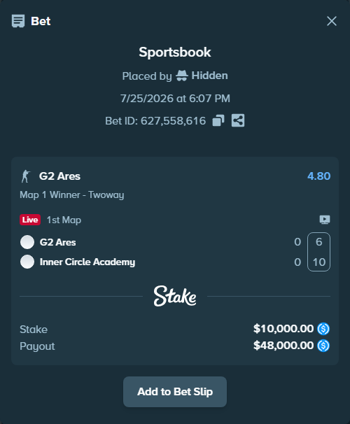 Bet slip: G2 Ares - Inner Circle Academy, $10,000.00 stake at 4.80 odds, placed by Hidden
