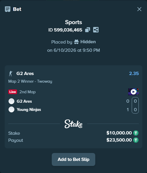 Bet slip: G2 Ares - Young Ninjas, $10,010.00 stake at 2.35 odds, placed by Hidden