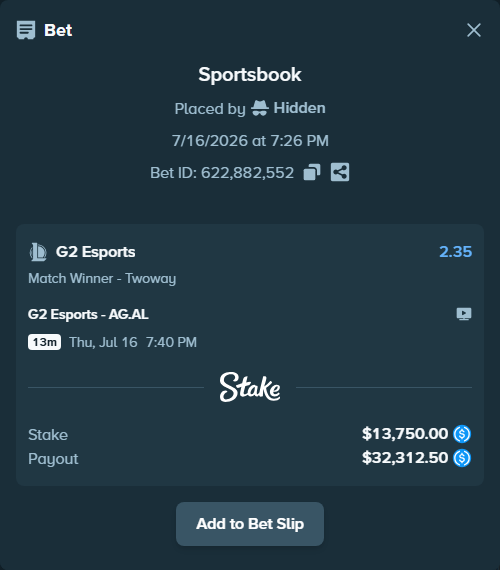 Bet slip: G2 Esports - AG.AL, $13,750.00 stake at 2.35 odds, placed by Hidden