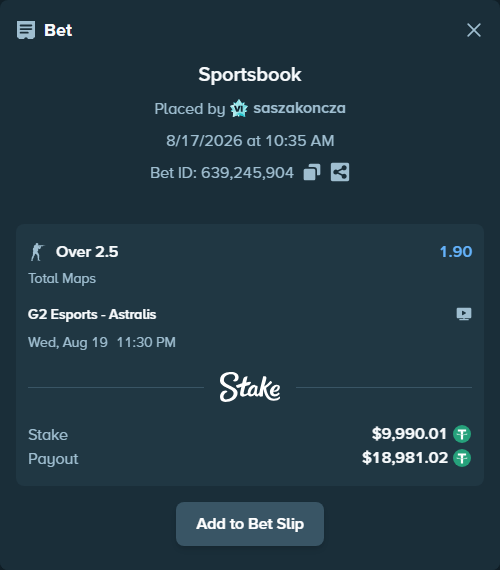 Bet slip: G2 Esports - Astralis, $10,000.00 stake at 1.90 odds, placed by saszakoncza
