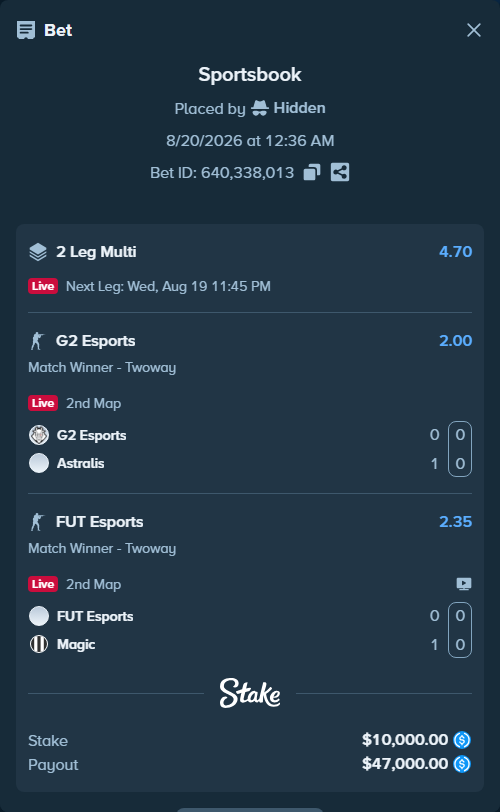 Bet slip: G2 Esports - Astralis, $10,000.00 stake at 2.00 odds, placed by Hidden