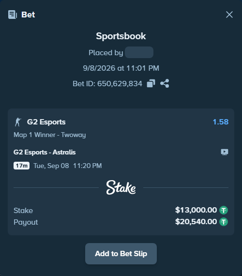 Bet slip: G2 Esports - Astralis, $13,000.00 stake at 1.58 odds, placed by OysterLab