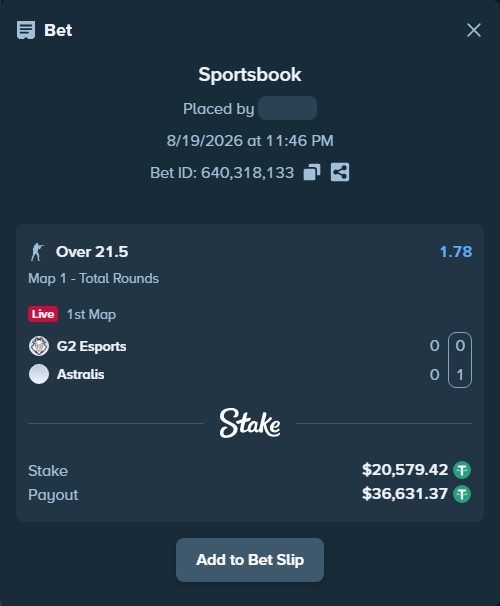 Bet slip: G2 Esports - Astralis, $20,600.00 stake at 1.78 odds, placed by saszakoncza