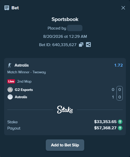 Bet slip: G2 Esports - Astralis, $33,387.00 stake at 1.72 odds, placed by antoniku