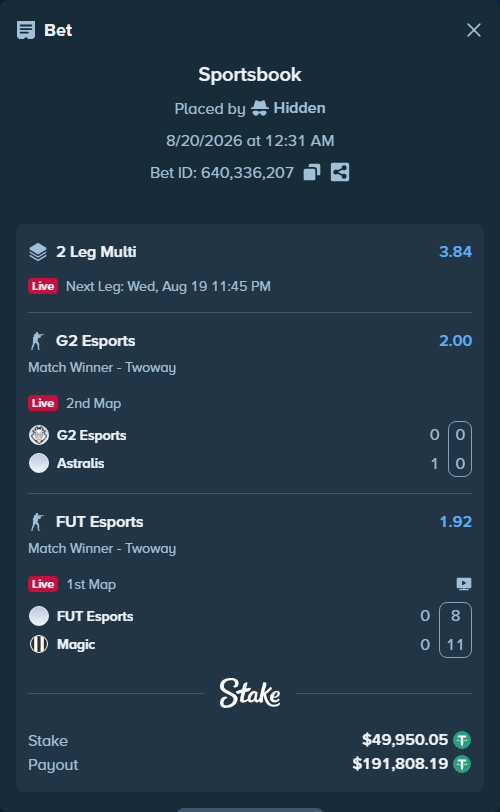Bet slip: G2 Esports - Astralis, $50,000.00 stake at 2.00 odds, placed by Hidden
