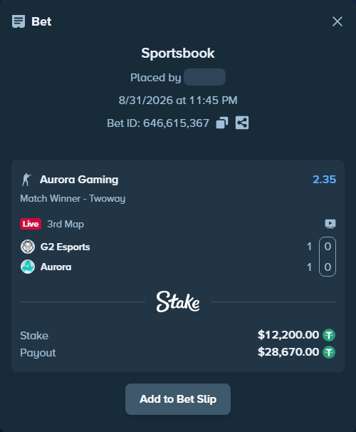 Bet slip: G2 Esports - Aurora Gaming, $12,200.00 stake at 2.35 odds, placed by Håvardlied2004