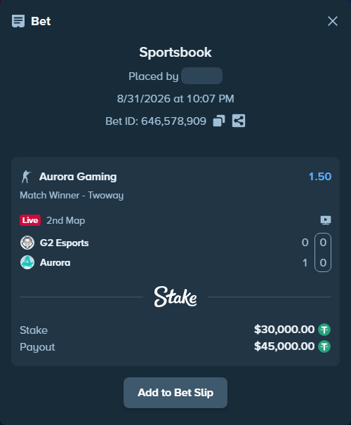 Bet slip: G2 Esports - Aurora Gaming, $30,000.00 stake at 1.50 odds, placed by fantasy7788