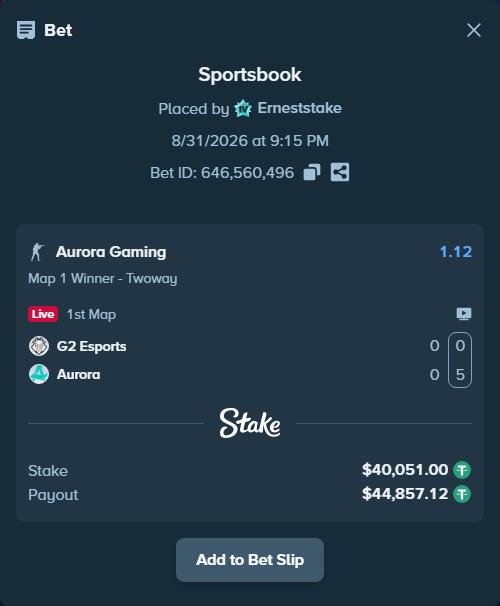 Bet slip: G2 Esports - Aurora Gaming, $40,051.00 stake at 1.12 odds, placed by Erneststake