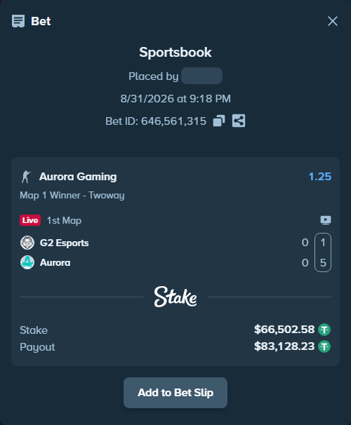 Bet slip: G2 Esports - Aurora Gaming, $66,502.58 stake at 1.25 odds, placed by Mnt41