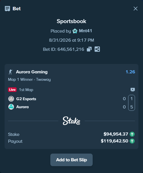 Bet slip: G2 Esports - Aurora Gaming, $94,954.37 stake at 1.26 odds, placed by Mnt41