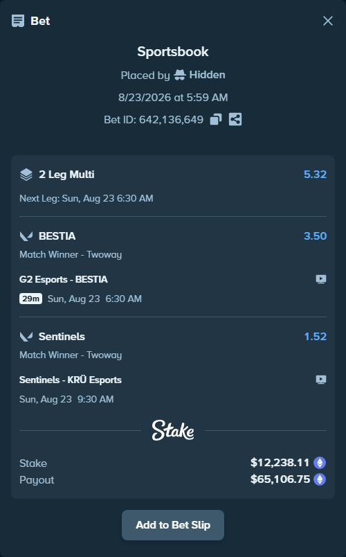 Bet slip: G2 Esports - BESTIA, $12,081.58 stake at 3.50 odds, placed by Hidden