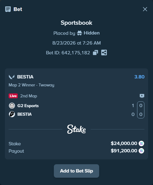 Bet slip: G2 Esports - BESTIA, $24,065.97 stake at 3.80 odds, placed by Hidden