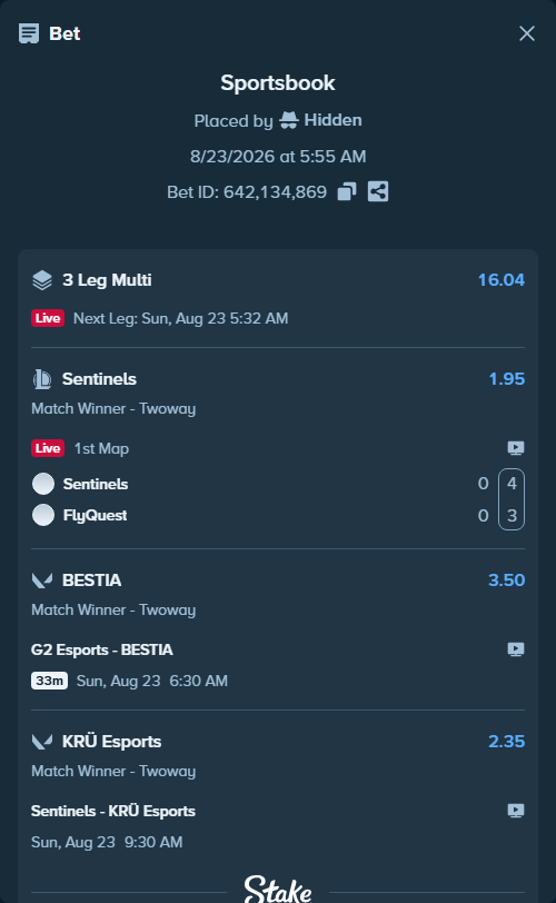 Bet slip: G2 Esports - BESTIA, $29,813.42 stake at 3.50 odds, placed by Hidden