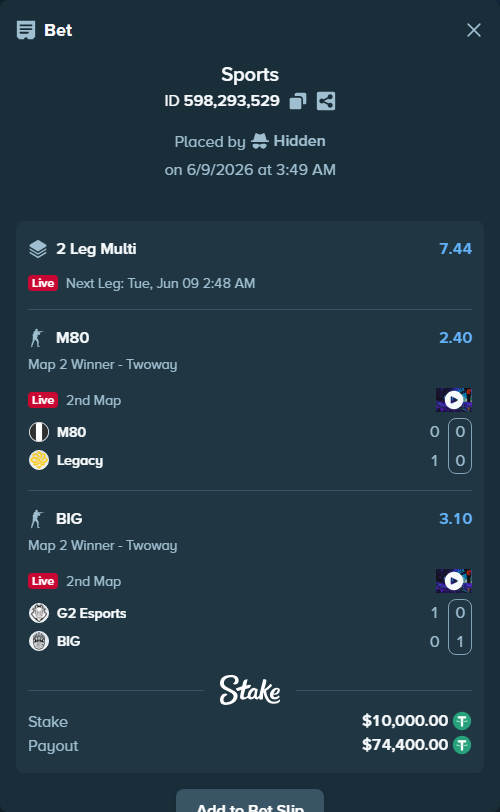 Bet slip: G2 Esports - BIG, $10,000.00 stake at 3.10 odds, placed by Hidden