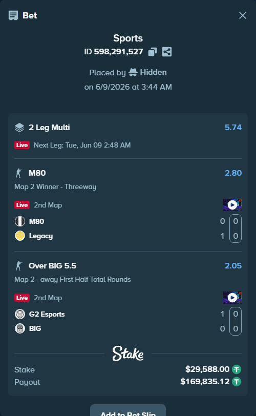 Bet slip: G2 Esports - BIG, $29,588.00 stake at 2.05 odds, placed by Hidden