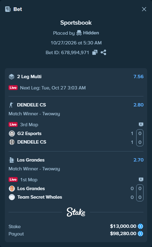 Bet slip: G2 Esports - DENDELE CS, $13,000.00 stake at 2.80 odds, placed by Hidden