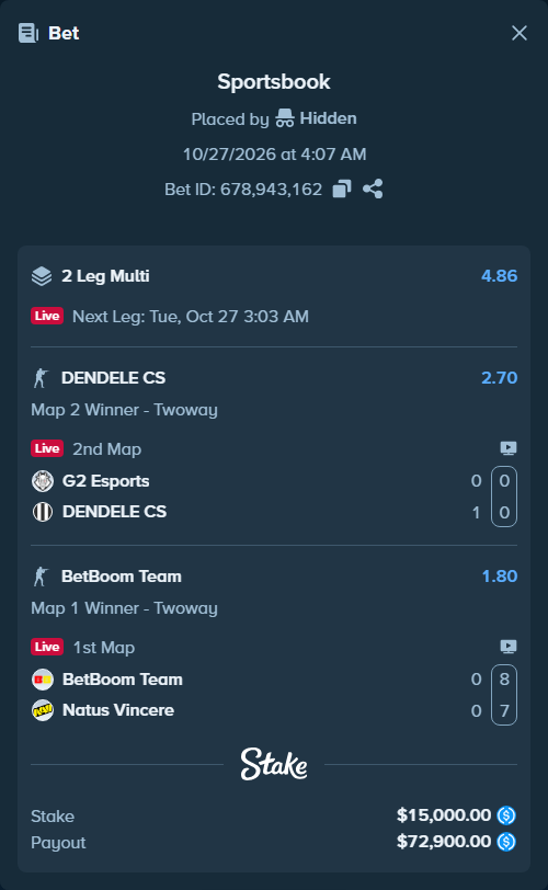 Bet slip: G2 Esports - DENDELE CS, $15,000.00 stake at 2.70 odds, placed by Hidden