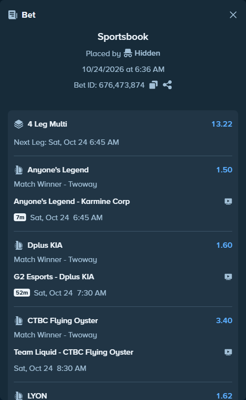 Bet slip: G2 Esports - Dplus KIA, $50,000.00 stake at 1.60 odds, placed by Hidden
