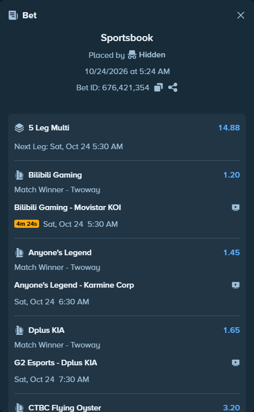 Bet slip: G2 Esports - Dplus KIA, $55,000.00 stake at 1.65 odds, placed by Hidden