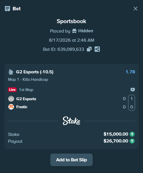 Bet slip: G2 Esports - Fnatic, $15,015.00 stake at 1.78 odds, placed by Hidden