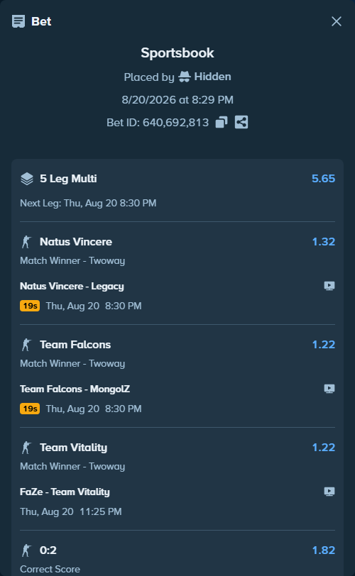 Bet slip: G2 Esports - FURIA Esports, $10,664.65 stake at 1.58 odds, placed by Hidden